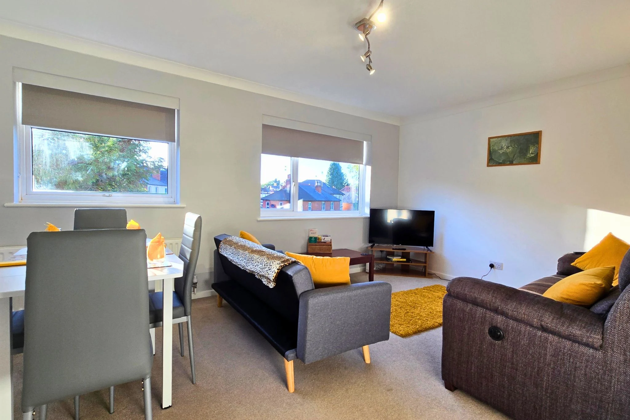 Open-plan living and dining area with sofas and dining table